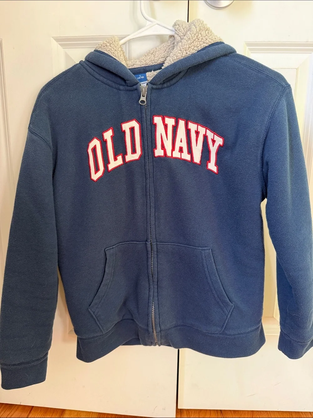 Old Navy Navy Blue Zip-Up Sherpa Hoodie with Red Lettering